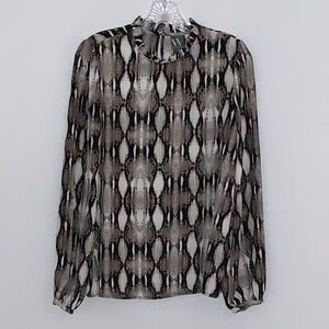 Worthington Sheer Patterned Long-Sleeve Blouse in Black and Cream